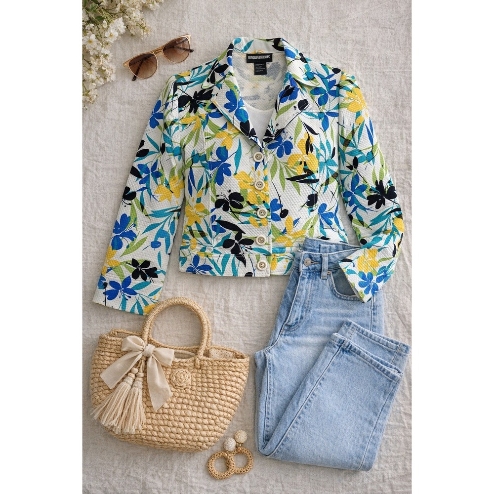 Requirements Floral Waffle‎ Knit Cropped Jacket Botanical Spring Blazer Size 6